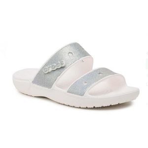 Klapki Dla Dorosłych Crocs Classic Glitter Sandal. Szare klapki Crocs, bez wzorów, z materiału, bez obcasa. Za 99,99 zł.