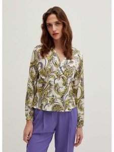 STEFANEL Bluzka w kolorze biało-żółto-fioletowym rozmiar: 44. Białe bluzki Stefanel, bez wzorów, z wiskozy, retro, bez kołnierzyka, bez ramiączek. Za 82,83 zł.