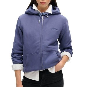 Damska bluza zapinana na zamek z kapturem z wełnianą podszewką Superdry. Niebieskie bluzy Superdry, bez wzorów, z wełny, z kapturem. Za 392,70 zł.