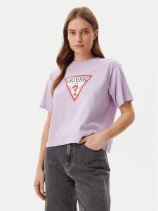 Guess Jeans T-Shirt W4YI73 K8HM0 Fioletowy Boxy Fit. Fioletowe t-shirty Guess Jeans, m, z aplikacjami, z bawełny, bez kołnierzyka, bez ramiączek. Za 89,99 zł.