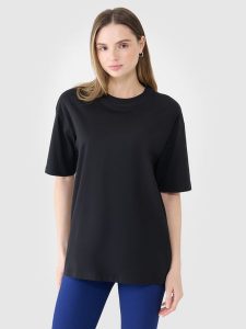 4F T-shirt oversize gładki damski - czarny L. Czarne t-shirty 4f, l, bez wzorów, z bawełny, bez kołnierzyka, bez ramiączek. W wyprzedaży za 39,99 zł.