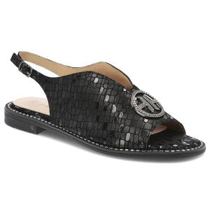 Sandały damskie S. Barski, ze skóry naturalnej we wzorki z ozdobą na płaskim obcasie, czarne, KV51-094. Czarne sandały S.BARSKI, z aplikacjami, ze skóry, bez obcasa, na płaskiej podeszwie, bez zapięcia. Za 149,00 zł.