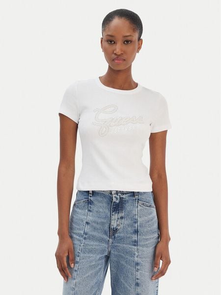 Guess T-Shirt W6RI22 KA0H1 Biały Slim Fit. Białe t-shirty Guess, s, z aplikacjami, z bawełny, bez kołnierzyka, bez ramiączek. Za 131,99 zł.