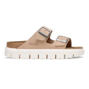 BIRKENSTOCK Arizona Chunky LEVE Warm Sand Klapki damskie. Brązowe klapki Birkenstock, bez wzorów, z materiału, bez obcasa, na platformie. Za 499,99 zł.