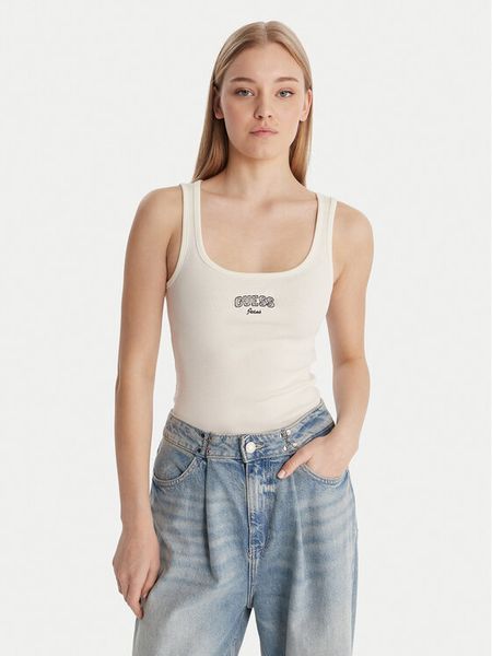Guess Jeans Top W6RP20 KA0H1 Écru Slim Fit. Białe topy Guess Jeans, xl, z aplikacjami, z bawełny, bez kołnierzyka, bez ramiączek. Za 91,99 zł.
