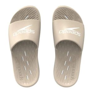 Klapki basenowe antypoślizgowe damskie Speedo Slides. Brązowe klapki Speedo, bez wzorów, z materiału, bez obcasa. Za 97,99 zł.