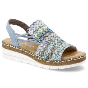 Sandały damskie Rieker, na stabilnej platformie wsuwane z cholewką boho wygodne, kolorowe, V1241-91-Multi. Sandały Rieker, bez wzorów, bez obcasa, na koturnie, bez zapięcia. Za 219,00 zł.