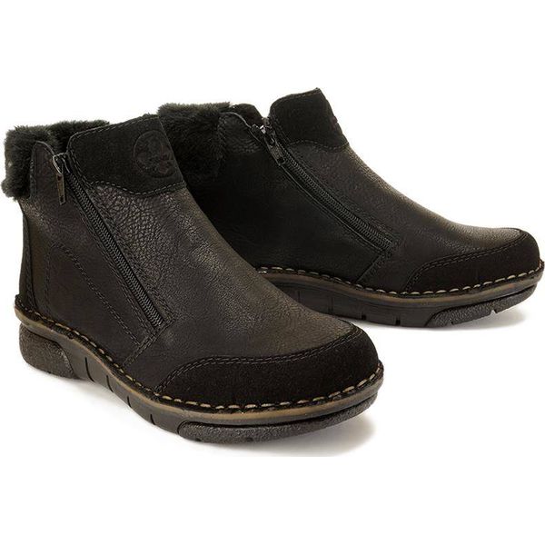 RIEKER 73352-00 black, botki damskie. Czarne botki Rieker, na zimę, bez wzorów, bez obcasa, bez zapięcia. Za 262,43 zł.