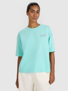 4F T-shirt oversize z nadrukiem damski - turkusowy S. Niebieskie t-shirty 4f, s, bez wzorów, z bawełny, bez kołnierzyka, bez ramiączek. W wyprzedaży za 39,99 zł.