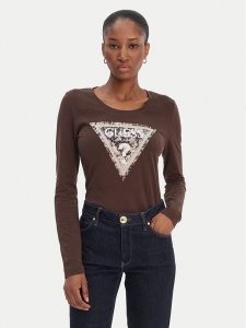 Guess Bluzka W6RI33 J1314 Brązowy Regular Fit. Brązowe bluzki Guess, xs, z aplikacjami, z bawełny, bez kołnierzyka, bez ramiączek. Za 229,99 zł.