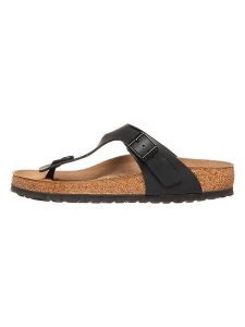 Birkenstock Skórzane japonki w kolorze czarnym rozmiar: 41. Czarne klapki Birkenstock, bez wzorów, z otwartym noskiem, bez obcasa. Za 299,95 zł.