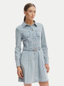 Morgan Sukienka jeansowa 261-RODEX Błękitny Slim Fit. Niebieskie kombinezony Morgan, bez wzorów, z bawełny, bez kołnierzyka, bez ramiączek. Za 429,99 zł.