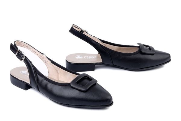 RIEKER 43150-00 black, czółenka damskie. Czarne czółenka Rieker, bez wzorów, bez obcasa, na obcasie, bez zapięcia. Za 299,90 zł.