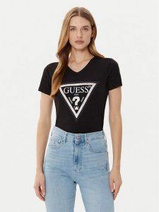 Guess T-Shirt W5RI21 J1314 Czarny Regular Fit. Czarne t-shirty Guess, m, z aplikacjami, z bawełny, bez kołnierzyka, bez ramiączek. Za 99,99 zł.