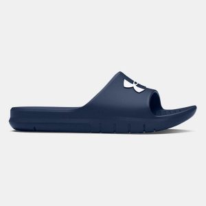 Klapki basenowe dla dorosłych Under Armour CORE PTH SL. Niebieskie klapki Under Armour, bez wzorów, ze skóry, bez obcasa. Za 97,00 zł.