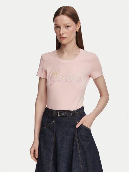 Guess T-Shirt W6YI56 K5028 Różowy jasny Slim Fit. Czerwone t-shirty Guess, xs, z aplikacjami, z bawełny, bez kołnierzyka, bez ramiączek. Za 194,99 zł.