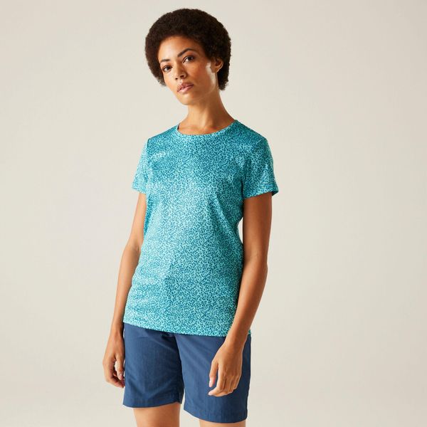 Damska koszulka turystyczna z krótkim rękawem Fingal Edition. Niebieskie bluzki Regatta, bez wzorów, eleganckie, bez kołnierzyka, bez ramiączek. W wyprzedaży za 82,20 zł.