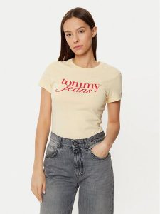Tommy Jeans T-Shirt DW0DW19447 Żółty Slim Fit. Żółte t-shirty Tommy Jeans, xxs, bez wzorów, z bawełny, bez kołnierzyka, bez ramiączek. Za 89,99 zł.