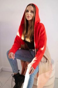 Sweter Kardigan z kapturem w pasy czerwony+camelowy+pudrowy róż. Czerwone kardigany KESI, z jeansu. Za 209,08 zł.