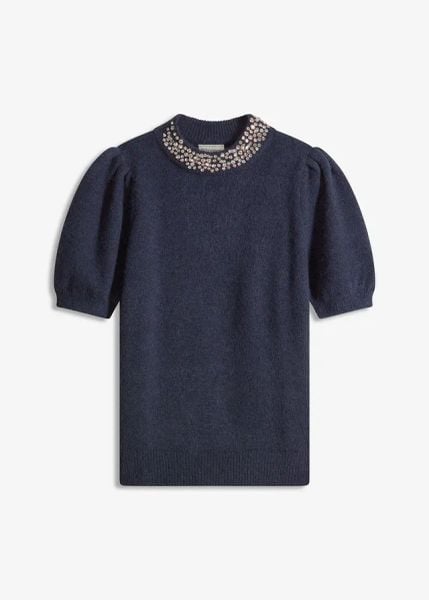 Sweter z aplikacją ze sztrasów. Szare swetry klasyczne bonprix, z dzianiny, bez kołnierzyka. Za 149,99 zł.