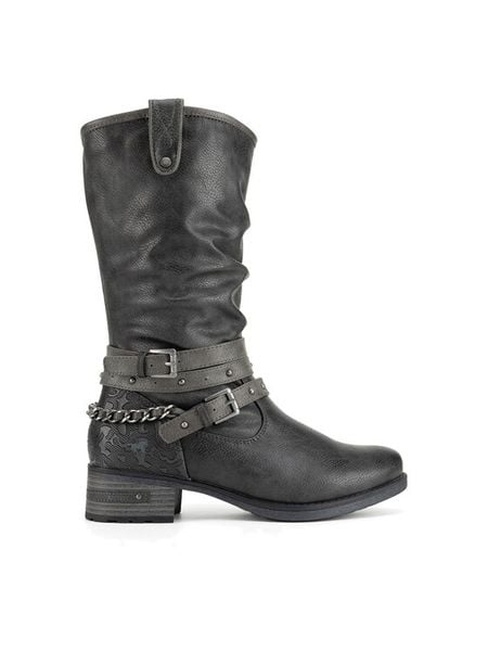 Mustang Kozaki 1229-605 Szary. Szare kozaki Mustang, bez wzorów, z materiału, bez obcasa, na słupku, bez zapięcia. Za 419,99 zł.