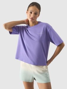 4F T-shirt oversize z nadrukiem damski - fioletowy M. Fioletowe t-shirty 4f, m, bez wzorów, z bawełny, bez kołnierzyka, bez ramiączek. W wyprzedaży za 39,99 zł.
