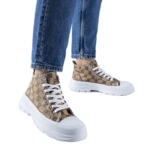 Brązowe trampki zdobione monogramem Terenzio beżowy. Brązowe trampki z aplikacjami, z tkaniny, bez zapięcia. Za 73,01 zł.