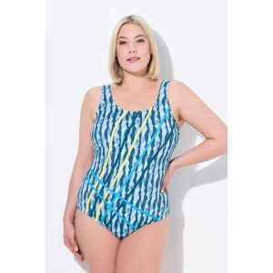 Damski Strój kąpielowy wzór w fale lamówka bez miękkich miseczek z recyklingu. Zielone stroje jednoczęściowe Ulla Popken, bez wzorów, z elastanu. Za 195,99 zł.