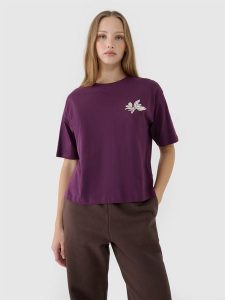 4F T-shirt oversize z nadrukiem damski - fioletowy M. Fioletowe t-shirty 4f, m, bez wzorów, z bawełny, bez kołnierzyka, bez ramiączek. W wyprzedaży za 39,99 zł.