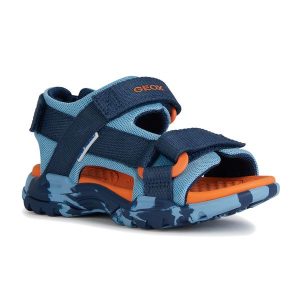 Sandały juniorskie Geox Borealis. Niebieskie buty trekkingowe Geox, bez wzorów, z tkaniny, bez obcasa, bez zapięcia. Za 258,40 zł.