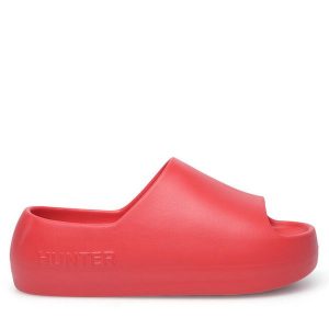 Klapki Hunter. Czerwone klapki Hunter, bez wzorów, bez obcasa. Za 79,99 zł.