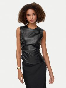 ONLY Bluzka Mone 15360230 Czarny Slim Fit. Czarne bluzki ONLY, xs, bez wzorów, ze skóry, bez kołnierzyka, bez ramiączek. Za 129,99 zł.