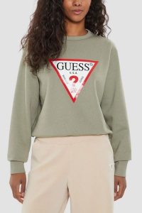 GUESS Zielona bluza damska z dużym logo Original Fleece, Rozmiar S. Zielone bluzy Guess, s, z aplikacjami, bez kaptura. W wyprzedaży za 189,99 zł.