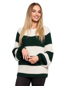 Made of emotion Sweter w kolorze biało-ciemnozielonym rozmiar: L/XL. Brązowe swetry oversize Made Of Emotion, l, bez wzorów, ze splotem, bez ramiączek. Za 70,24 zł.