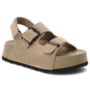 Sandały damskie Big Star, cholewka ze skóry naturalnej zamszowej z regulowanymi paskami na grubej platformie, beżowe, TT274235. Brązowe sandały Big Star, bez wzorów, ze skóry, bez obcasa, na platformie, bez zapięcia. Za 215,90 zł.