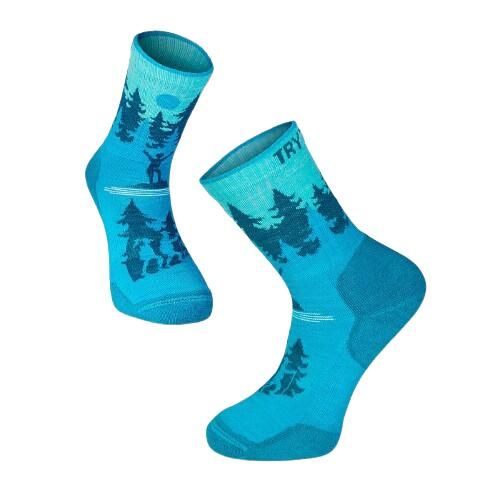 Skarpety trekkingowe z wełny merynosów z turkusowymi wspinaczkami. Niebieskie skarpetki TRY TO FLY, bez wzorów, z wełny. W wyprzedaży za 83,57 zł.