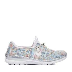 Półbuty Rieker. Niebieskie półbuty Rieker, bez wzorów, bez obcasa, na płaskiej podeszwie, bez zapięcia. Za 359,99 zł.