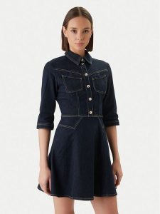 Morgan Sukienka jeansowa 261-REXAS Granatowy Regular Fit. Niebieskie kombinezony Morgan, bez wzorów, z jeansu, bez kołnierzyka, bez ramiączek. Za 399,99 zł.