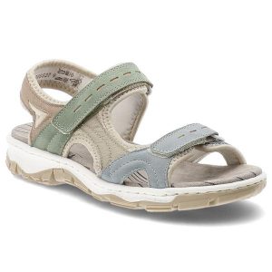 Sandały damskie Rieker, cholewka ze skóry ekologicznej z kolorowymi wstawkami regulowanymi paskami na rzep odkryty fason, kolorowe, 68866-94. Sandały Rieker, bez wzorów, ze skóry ekologicznej, bez obcasa, bez zapięcia. Za 319,00 zł.