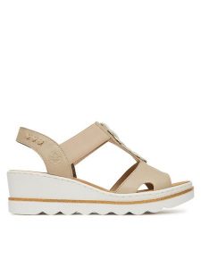 Rieker Sandały 67498-62 Beżowy. Brązowe sandały Rieker, bez wzorów, z materiału, bez obcasa, na koturnie, bez zapięcia. Za 239,99 zł.