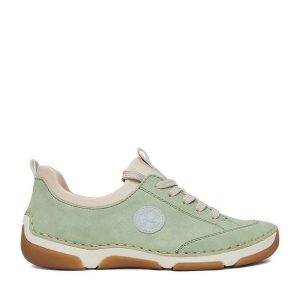 Półbuty Rieker. Zielone półbuty Rieker, bez wzorów, bez obcasa, na płaskiej podeszwie, bez zapięcia. Za 339,99 zł.