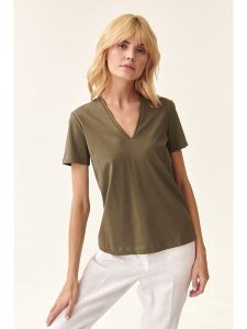 TATUUM Koszulka w kolorze khaki rozmiar: XS. Brązowe bluzki Tatuum, xs, bez wzorów, z bawełny, bez kołnierzyka, bez ramiączek. Za 65,85 zł.