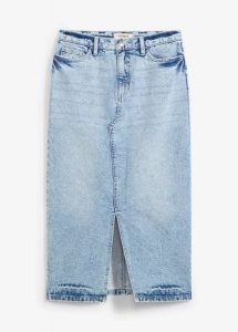 Spódnica dżinsowa midi. Niebieskie spódnice bonprix, na co dzień, bez wzorów, z denimu, midi. Za 127,99 zł.