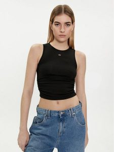 Tommy Jeans Top DW0DW17893 Czarny Slim Fit. Czarne topy Tommy Jeans, xl, bez wzorów, z jeansu, bez kołnierzyka, bez ramiączek. Za 189,99 zł.