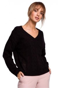Lekki sweter damski ażurowy z dekoltem V splot w warkocz czarny. Czarne swetry klasyczne Polskie swetry, l, z dzianiny, bez kołnierzyka. Za 245,00 zł.