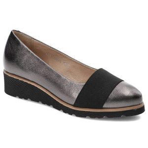 Półbuty damskie Simen, wsuwane ze skórzaną i miękką wkładką , srebrne Ferro, 0274-Vs04-Ferro. Szare czółenka Simen, bez wzorów, bez obcasa, na koturnie, bez zapięcia. Za 179,00 zł.