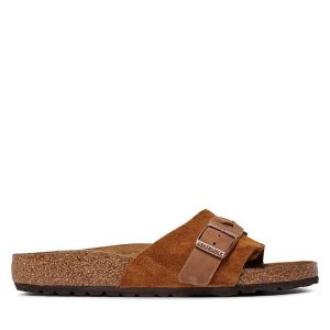 Klapki Birkenstock. Brązowe klapki Birkenstock, bez wzorów, bez obcasa. Za 429,99 zł.