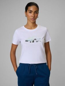 4F T-shirt regular z nadrukiem damski - biały M. Białe t-shirty 4f, m, bez wzorów, z bawełny, bez kołnierzyka, bez ramiączek. Za 59,99 zł.