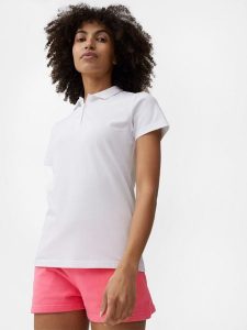 4F Koszulka polo regular damska XS. Białe bluzki 4f, xs, bez wzorów, z bawełny, bez kołnierzyka, bez ramiączek. W wyprzedaży za 19,99 zł.