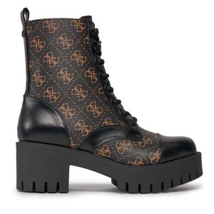 Trzewiki Guess. Brązowe botki Guess, z aplikacjami, bez obcasa, na słupku, bez zapięcia. Za 549,99 zł.